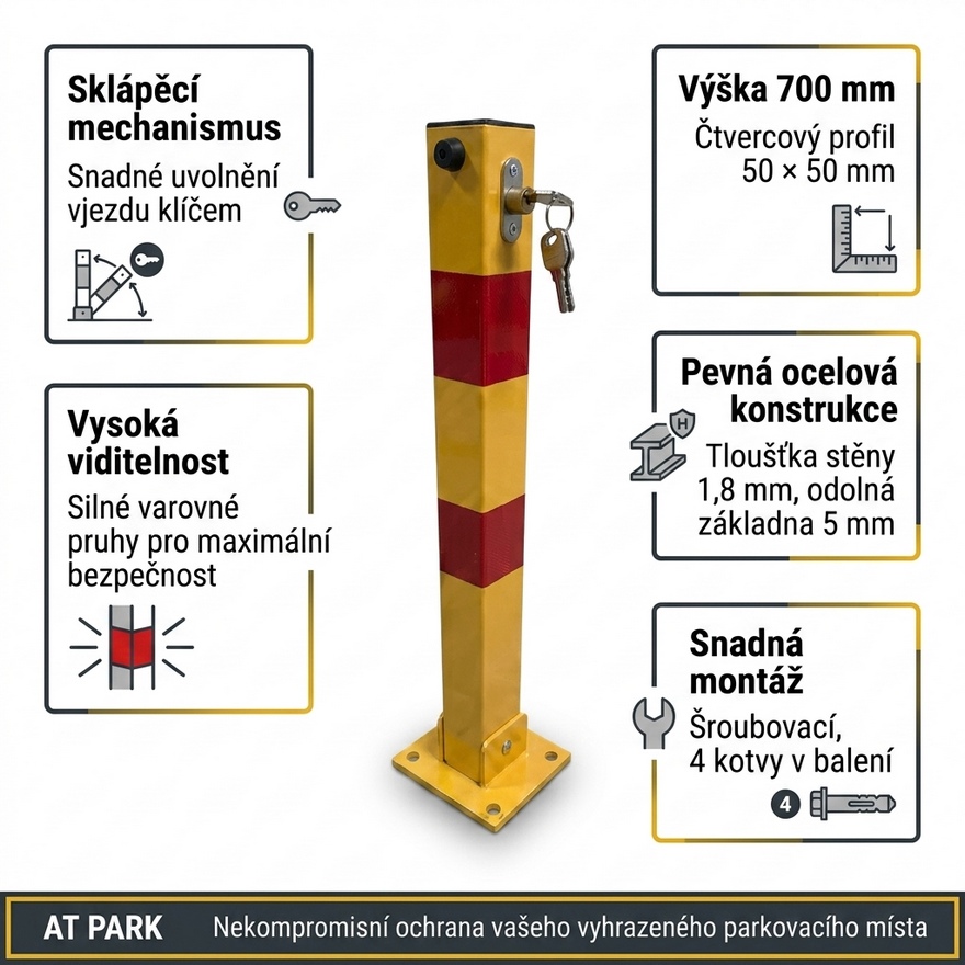 Parkovací zábrana AT PARK zahrazovací sloupek, 700 mm, skládací, přišroubovatelný